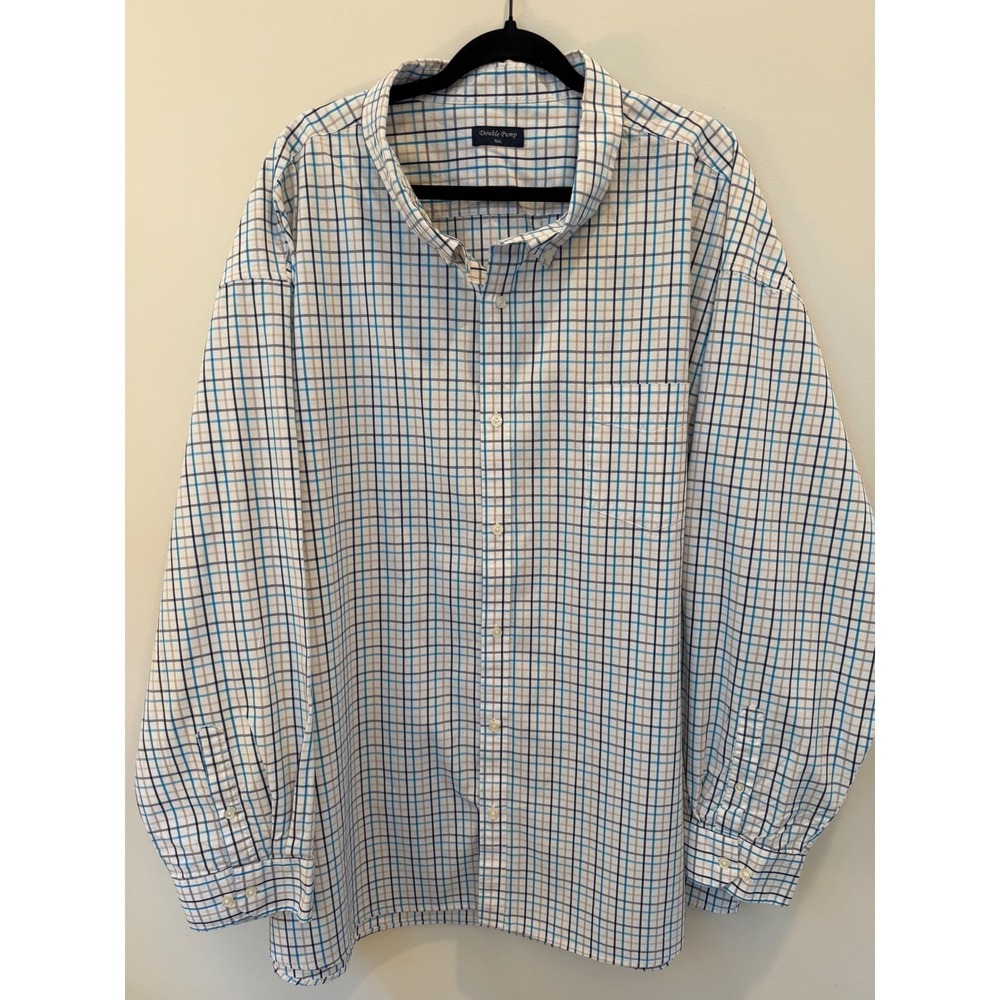 Double Pump Men's 5XL Plaid Long Sleeve Button Down Shirt Blue Tan Big Tall